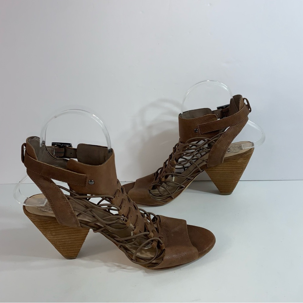 Vince Camuto Women's Sandals Size 8.5M Tan Gladiator "Evel" Leather cone Heel